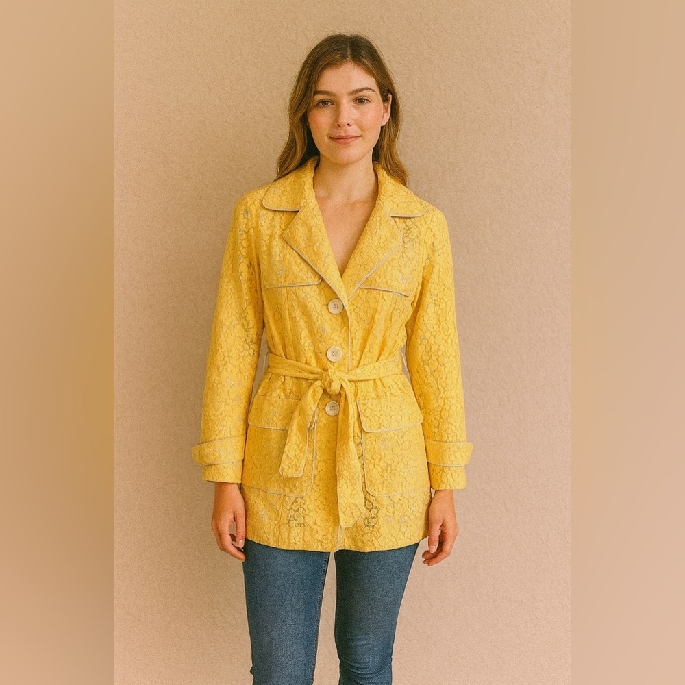 Susan Graver Style Yellow Lace Button-Up Belted Jacket – Chic, Swiftie Sz Small